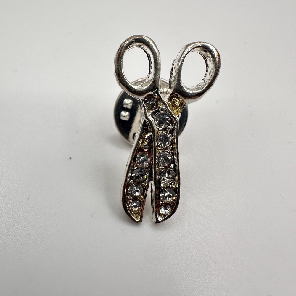 Vintage 90s Rhinestone Scissor Brooch Pin Silver Tone Crystal Sewer Hair Jewelry